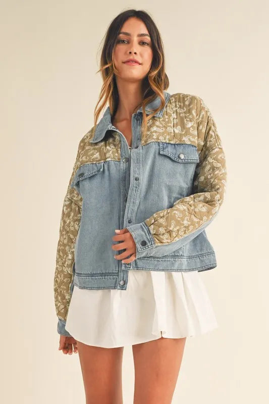 MABLE Quilted Paisley Print Contrast Denim Jacket - Premium Women / Jeans & Denim from Trendsi - Just $71.56! Shop now at Handbags Specialist Headquarter
