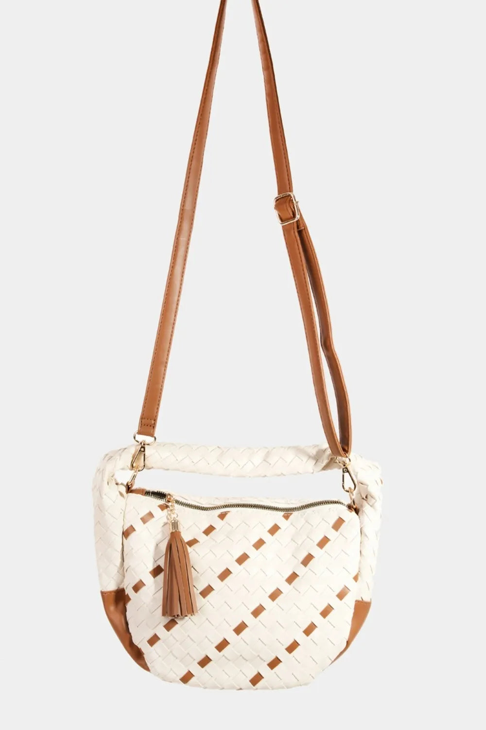 Fame Tassel Detail Weave Semi Circle Bag - Premium Tote Bag from Trendsi - Just $42.99! Shop now at Handbags Specialist Headquarter