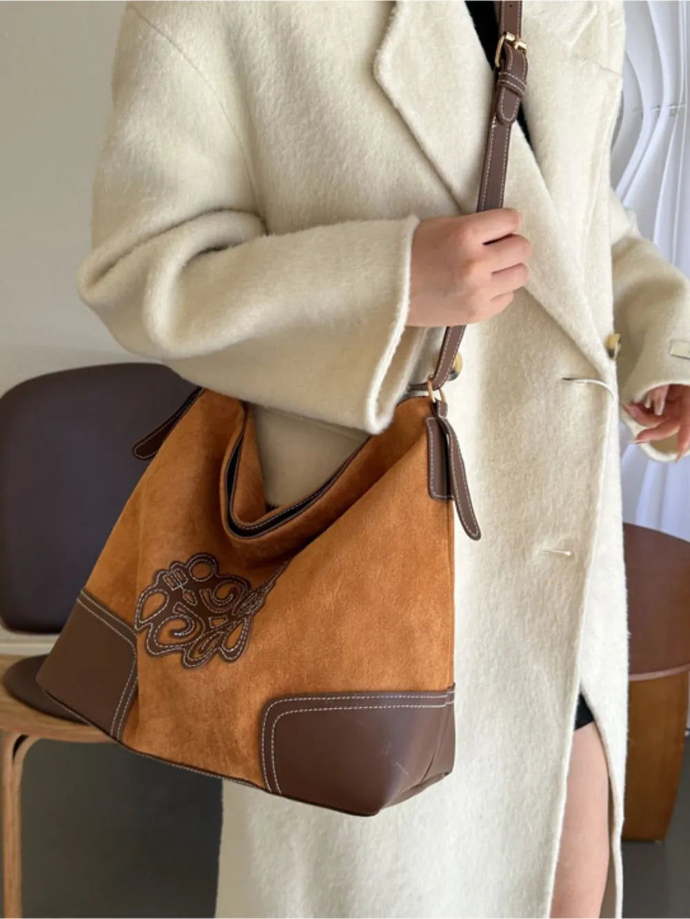Suede Patch Adjustable Strap Tote Bag - Premium Tote Bag from Trendsi - Just $39.99! Shop now at Handbags Specialist Headquarter