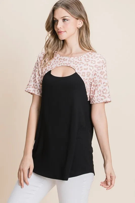 BOMBOM Chic Leopard Contrast Cutout Top - Premium Tops from Trendsi - Just $13.42! Shop now at Handbags Specialist Headquarter