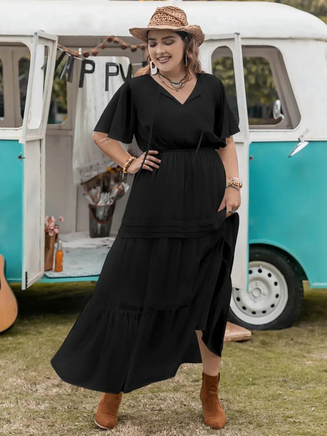 Plus Size Tie Neck Flutter Sleeve Dress.