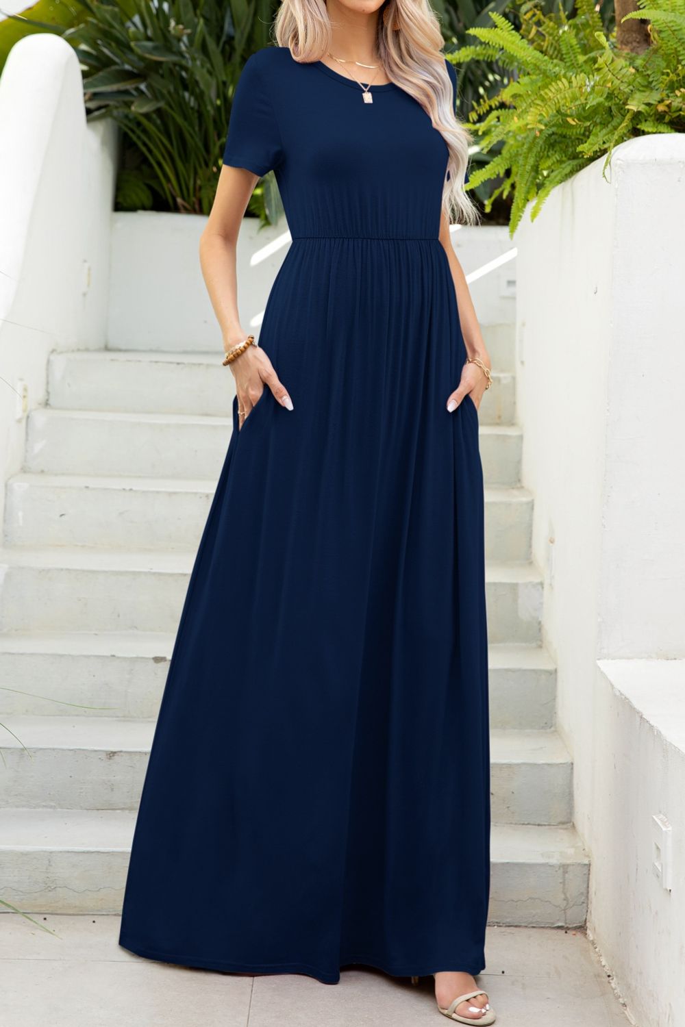 Round Neck Maxi Tee Dress with Pockets - Premium Maxi Dress from Trendsi - Just $45.99! Shop now at Handbags Specialist Headquarter