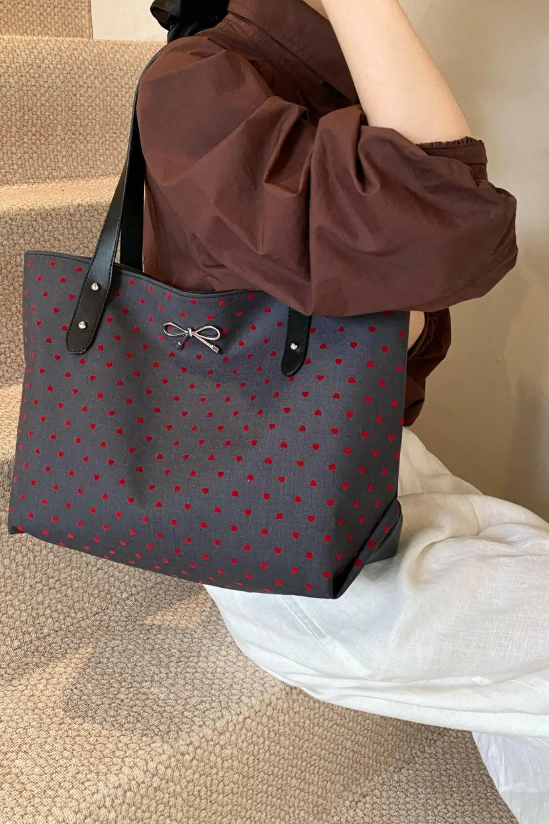 Polyester Bow Polka Dot Tote Bag - Premium Tote Bag from Trendsi - Just $21.16! Shop now at Handbags Specialist Headquarter
