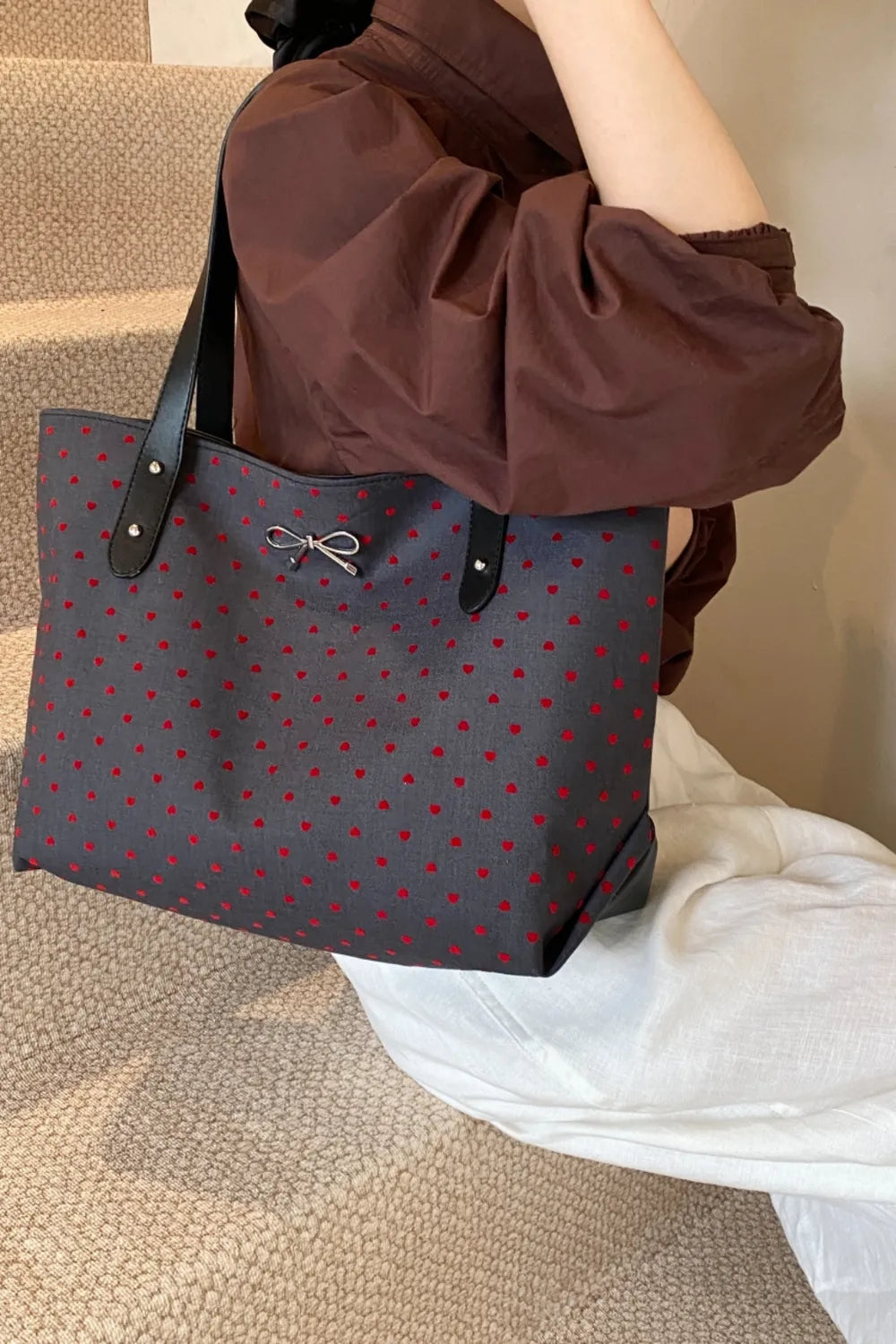 Polyester Bow Polka Dot Tote Bag - Premium Tote Bag from Trendsi - Just $39.99! Shop now at Handbags Specialist Headquarter