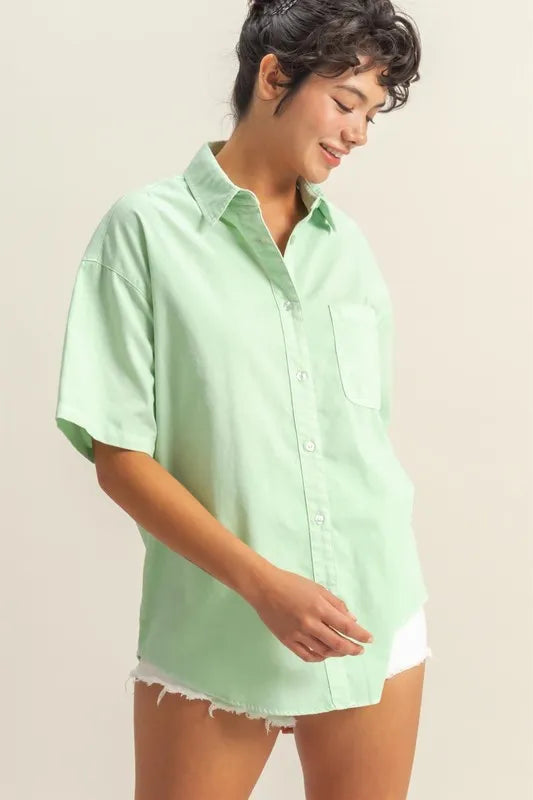 HYFVE Short Sleeve Button Down Oversized Shirt - Premium Women's Down Shirt Tops from Trendsi - Just $34.34! Shop now at Handbags Specialist Headquarter