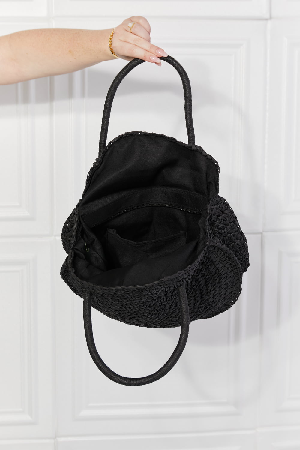 Justin Taylor Beach Date Straw Rattan Handbag in Black - Premium handbags from Trendsi - Just $35.99! Shop now at Handbags Specialist Headquarter
