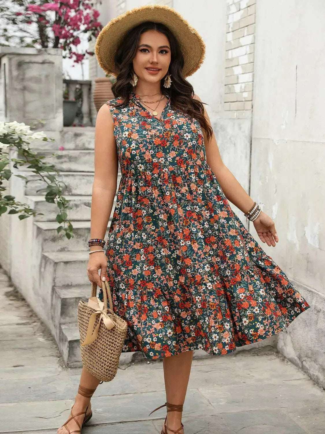 Plus Size Floral Notched Sleeveless Dress.