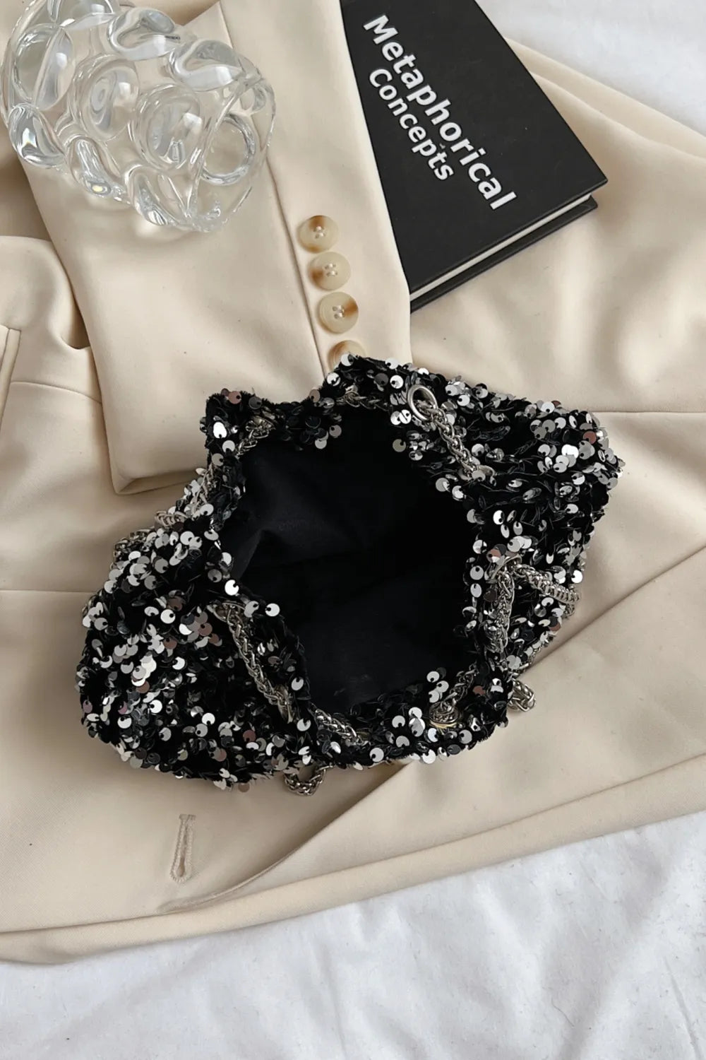 Sequin Chain Drawstring Bucket Bag - Premium Crossbody Bag from Trendsi - Just $21.99! Shop now at Handbags Specialist Headquarter