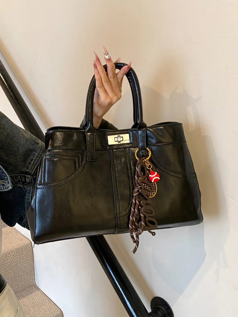 PU Leather Handbag with Pendant - Premium Tote Bag from Trendsi - Just $40.99! Shop now at Handbags Specialist Headquarter