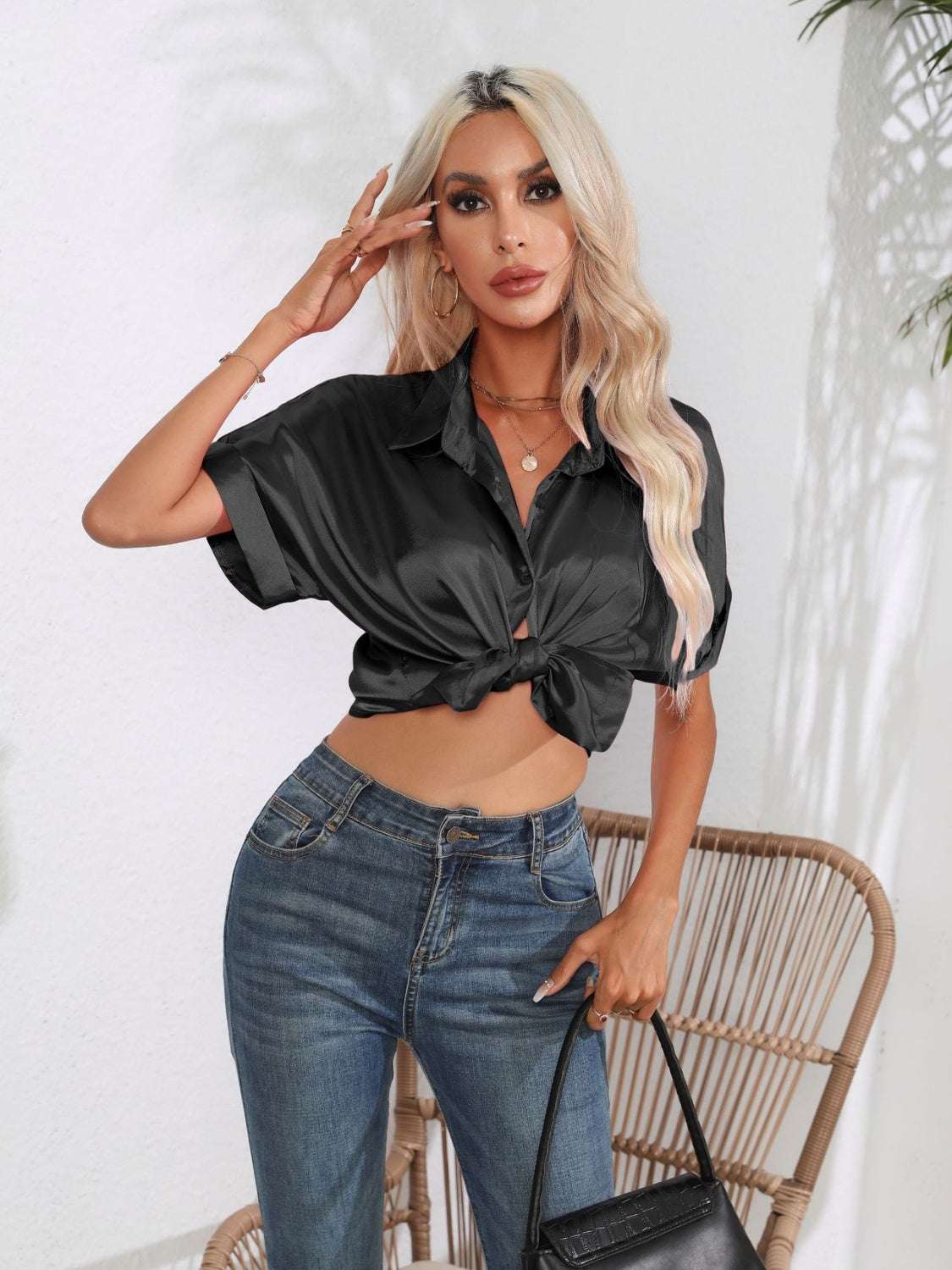 Button Down Collared Neck Short Sleeve Satin Shirt - Premium Women / Tops from Trendsi - Just $18.76! Shop now at Handbags Specialist Headquarter