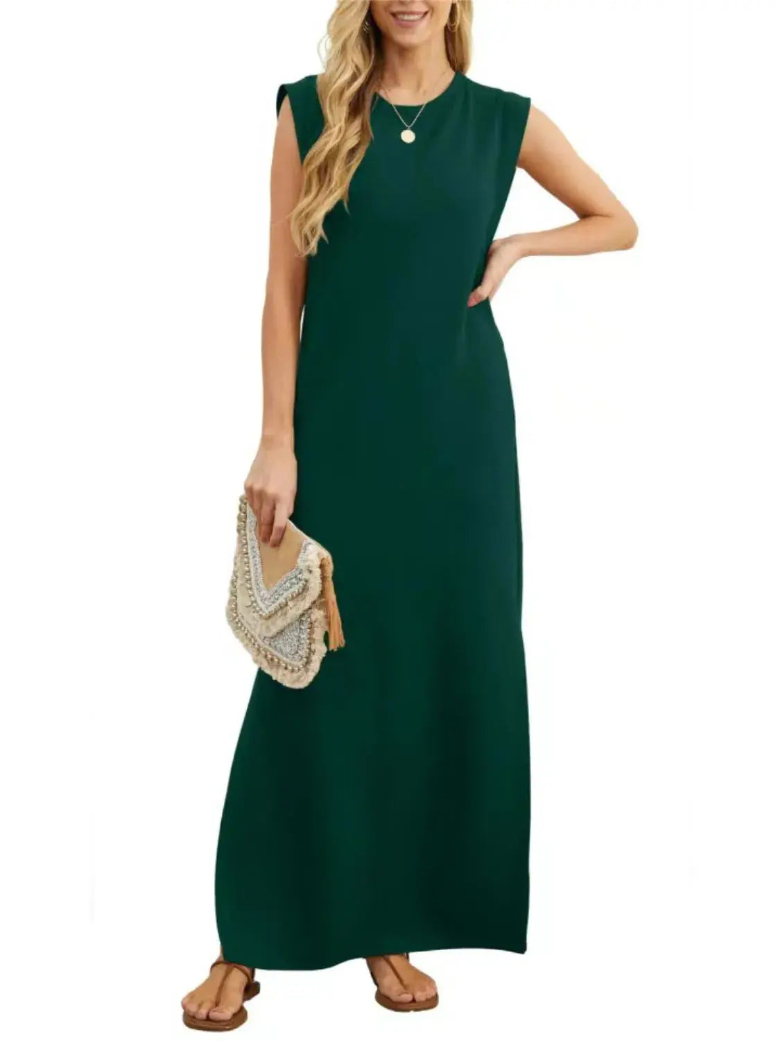 Full Size Slit Round Neck Sleeveless Maxi Tank Dress Plus Size.