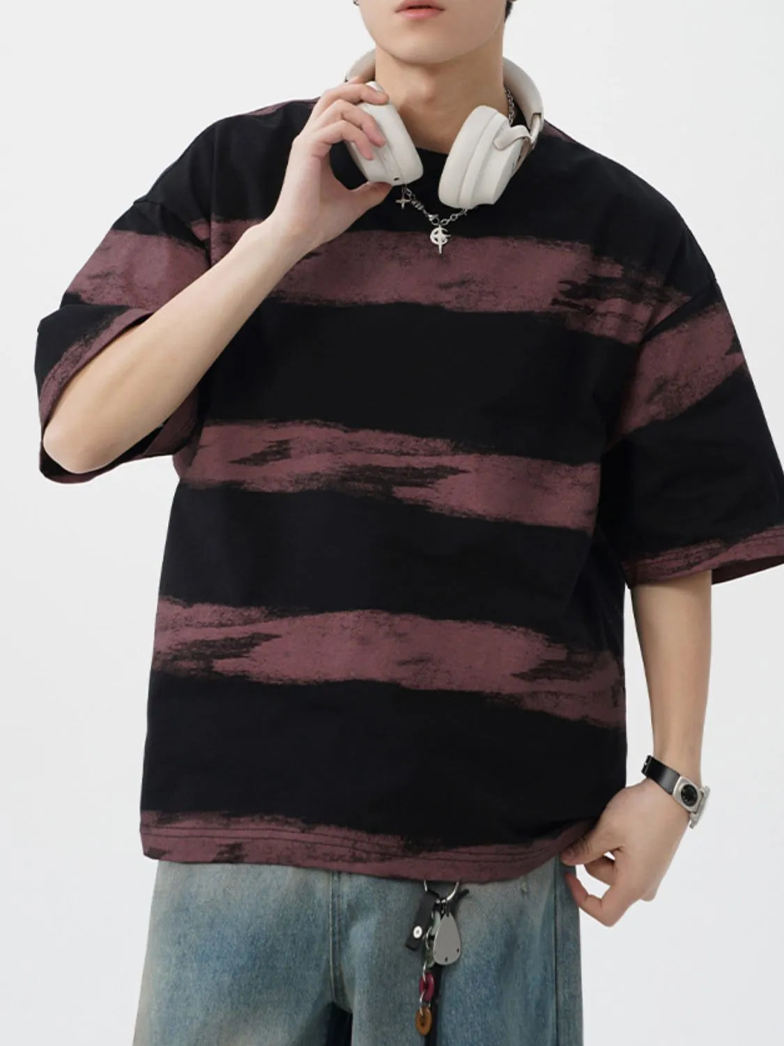 Men's Plus Size Basic style Round Neck Striped T-Shirt - Premium Men's T-Shirt from Trendsi - Just $33.99! Shop now at Handbags Specialist Headquarter
