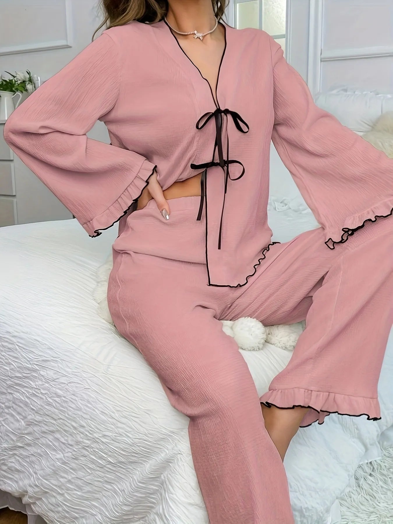 Contrast Trim Bow Tie Shirt and Pants Lounge Set - Premium Sleepwear from Trendsi - Just $31.99! Shop now at Handbags Specialist Headquarter