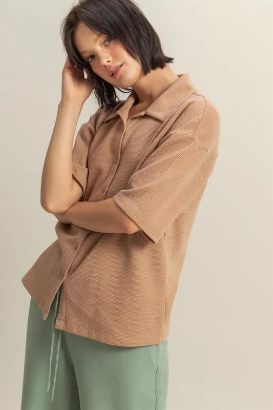 HYFVE Collared Neck Button Down Waffle Shirt - Premium Women's Down Shirt Tops from Trendsi - Just $35.56! Shop now at Handbags Specialist Headquarter