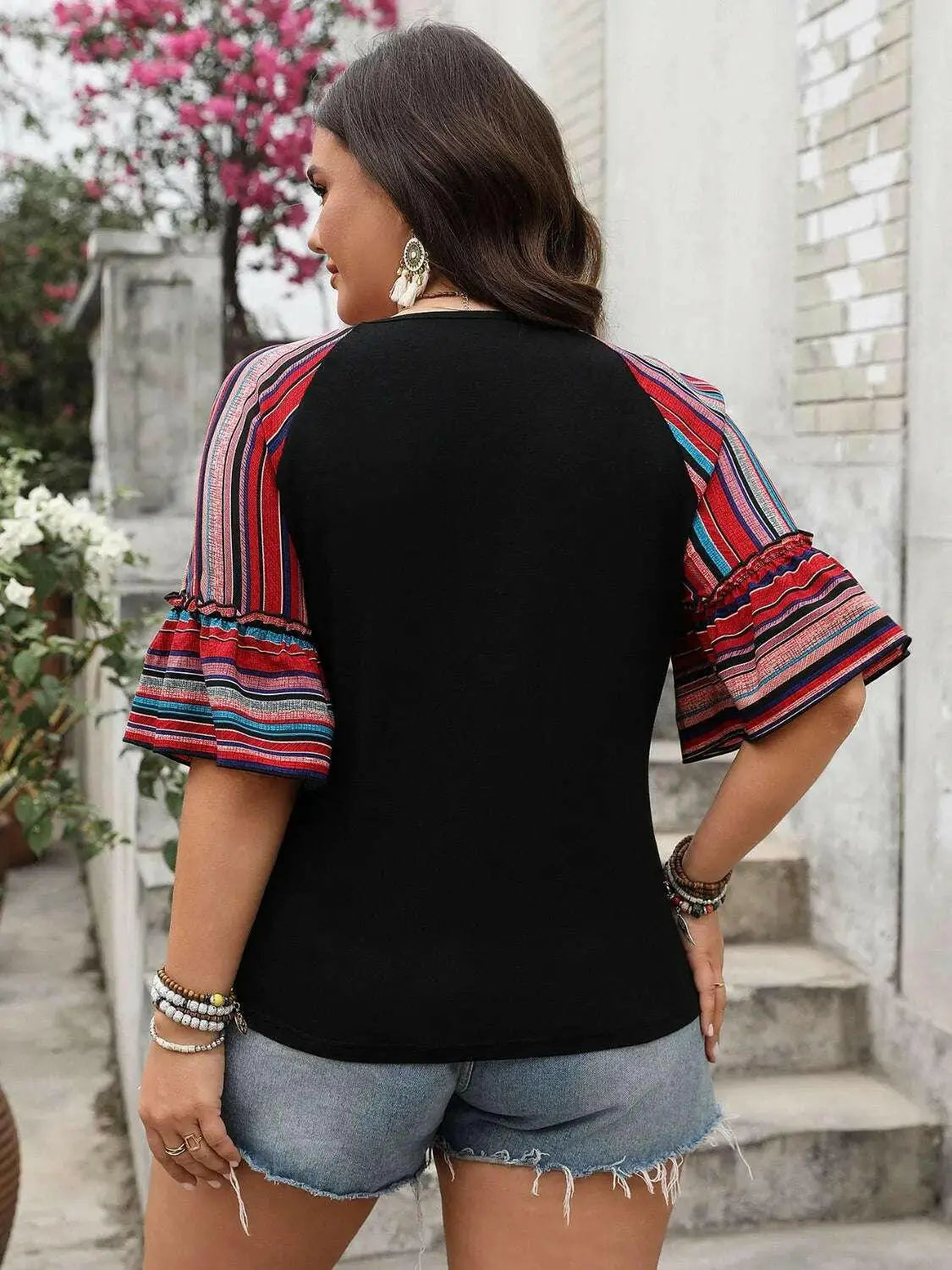 Plus Size V-Neck Flounce Sleeve Top.