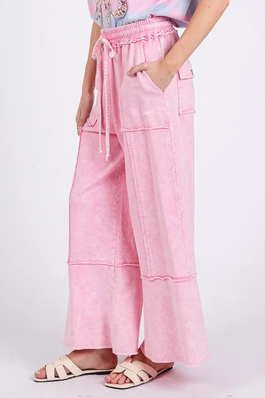 SAGE + FIG Mineral Washed Terry Wide Leg Pants - Premium Bottoms from Trendsi - Just $51.22! Shop now at Handbags Specialist Headquarter