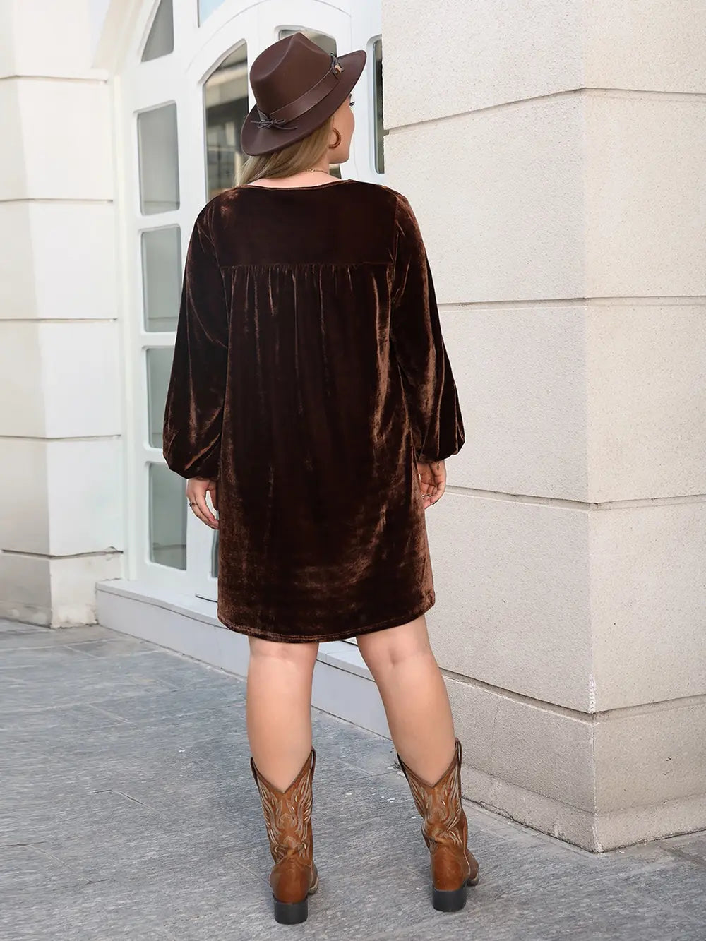Plus Size V-Neck Balloon Sleeves Dress - Premium Dresses from Trendsi - Just $48.99! Shop now at Handbags Specialist Headquarter