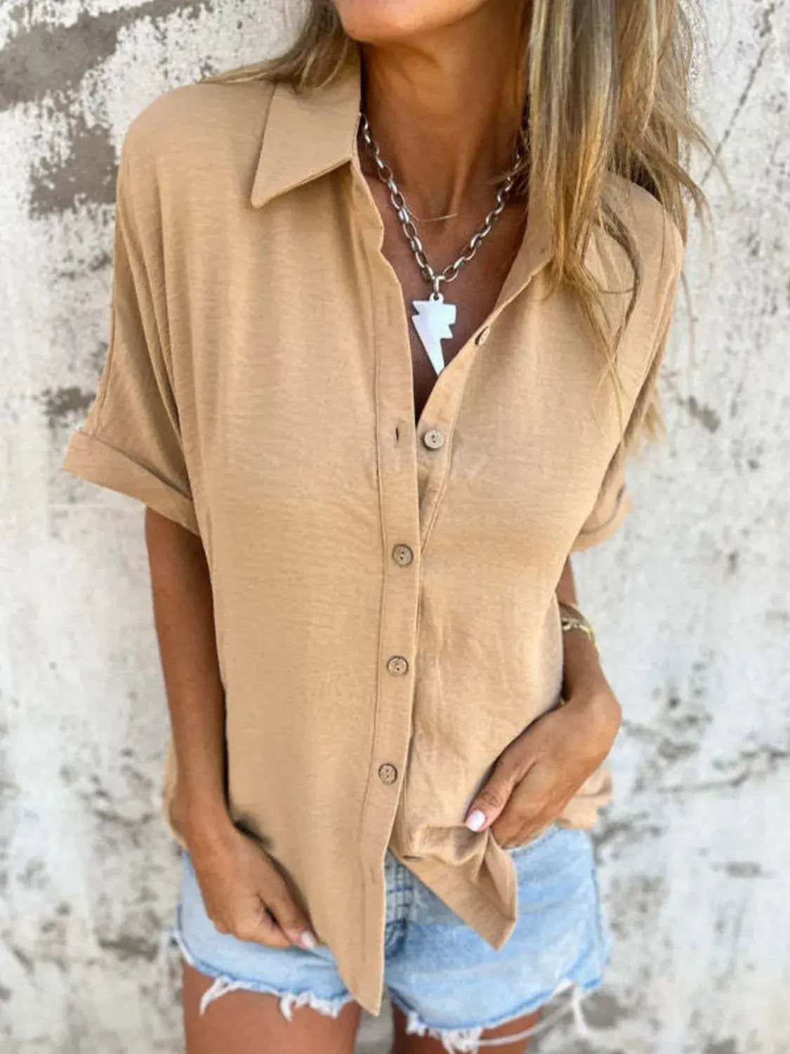 Full Size Collared Neck Half Sleeve Shirt Plus Size.