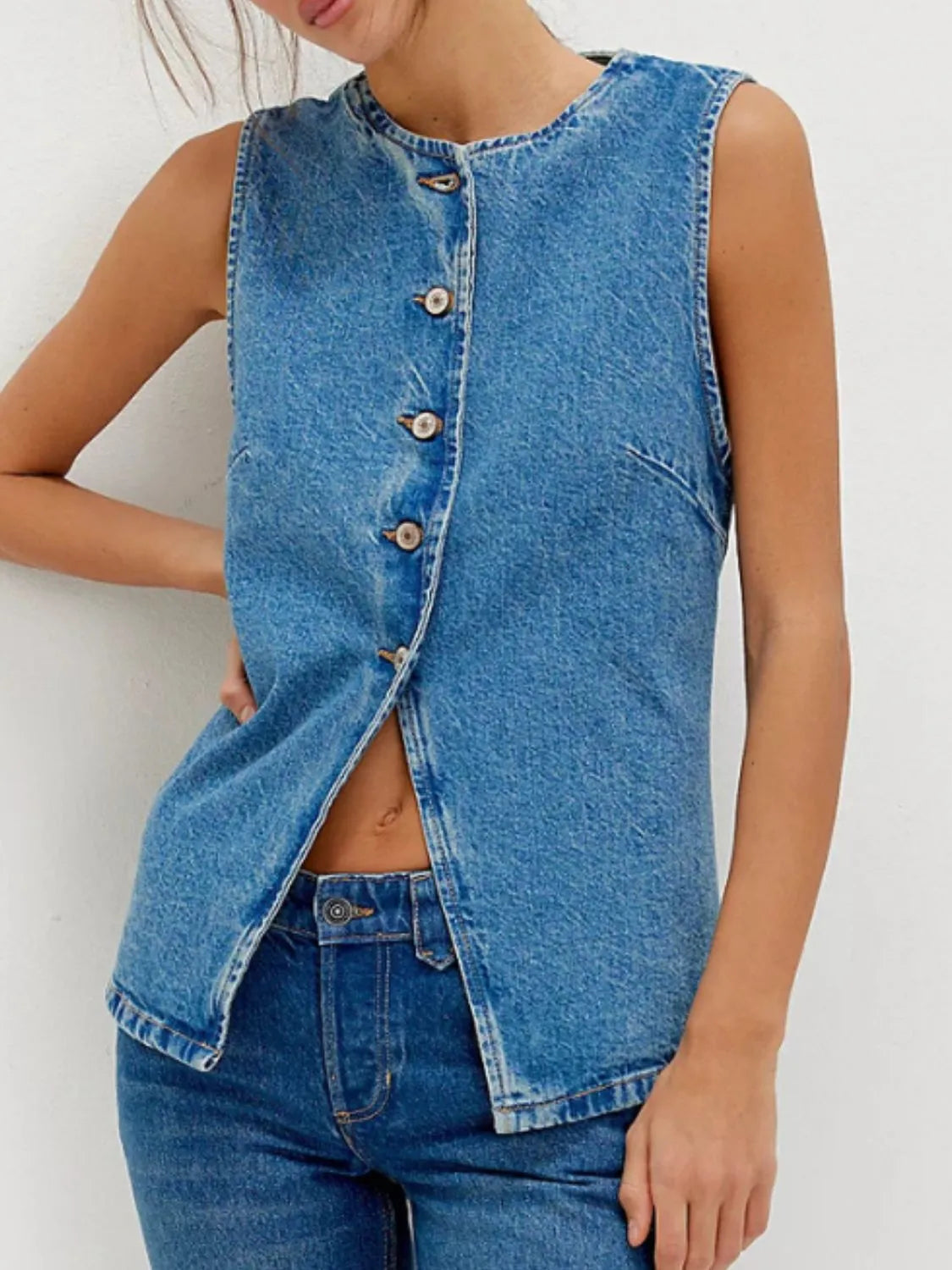 Button Down Round Neck Denim Vest - Premium Women / Jeans & Denim from Trendsi - Just $33.80! Shop now at Handbags Specialist Headquarter