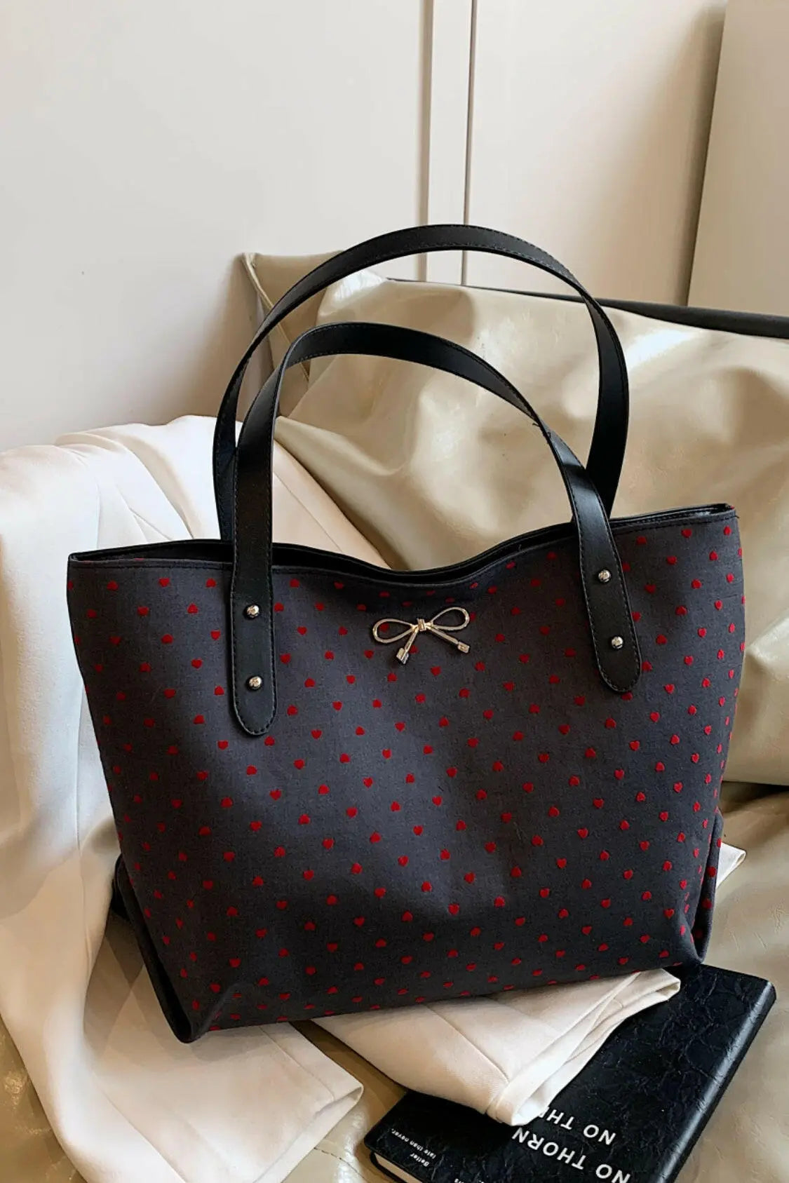 Polyester Bow Polka Dot Tote Bag.