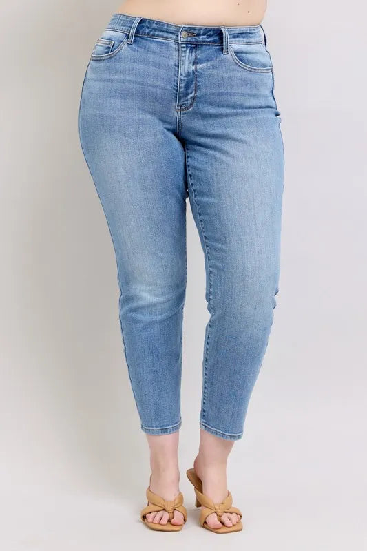 Judy Blue Full Size Mid Rise Vintage Wash Slim Jeans with Cell Phone Pocket Plus Size - Premium Women / Jeans & Denim from Trendsi - Just $60.99! Shop now at Handbags Specialist Headquarter