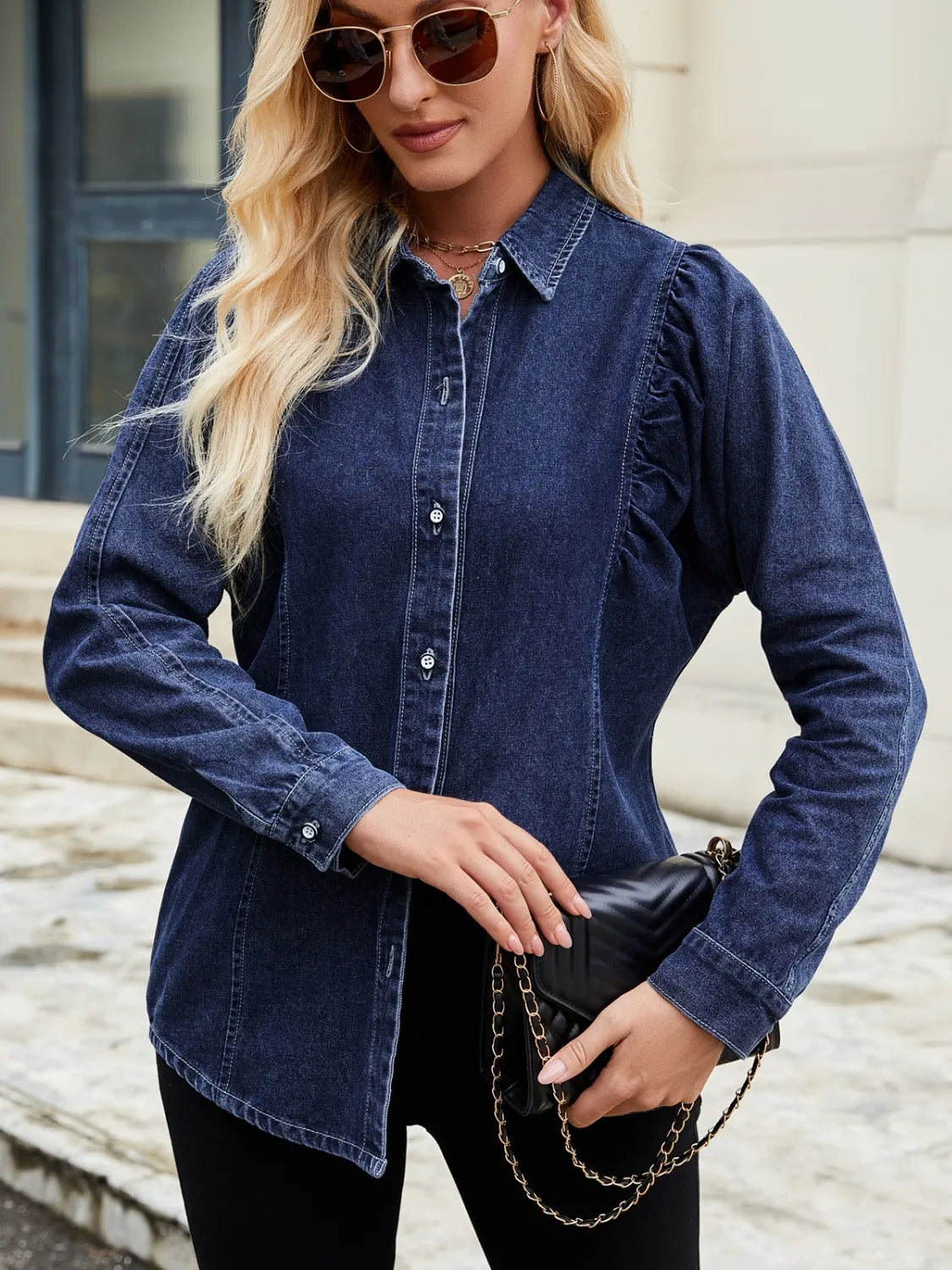 Button Down Collared Neck Denim Shirt - Premium Women / Jeans & Denim from Trendsi - Just $36.76! Shop now at Handbags Specialist Headquarter