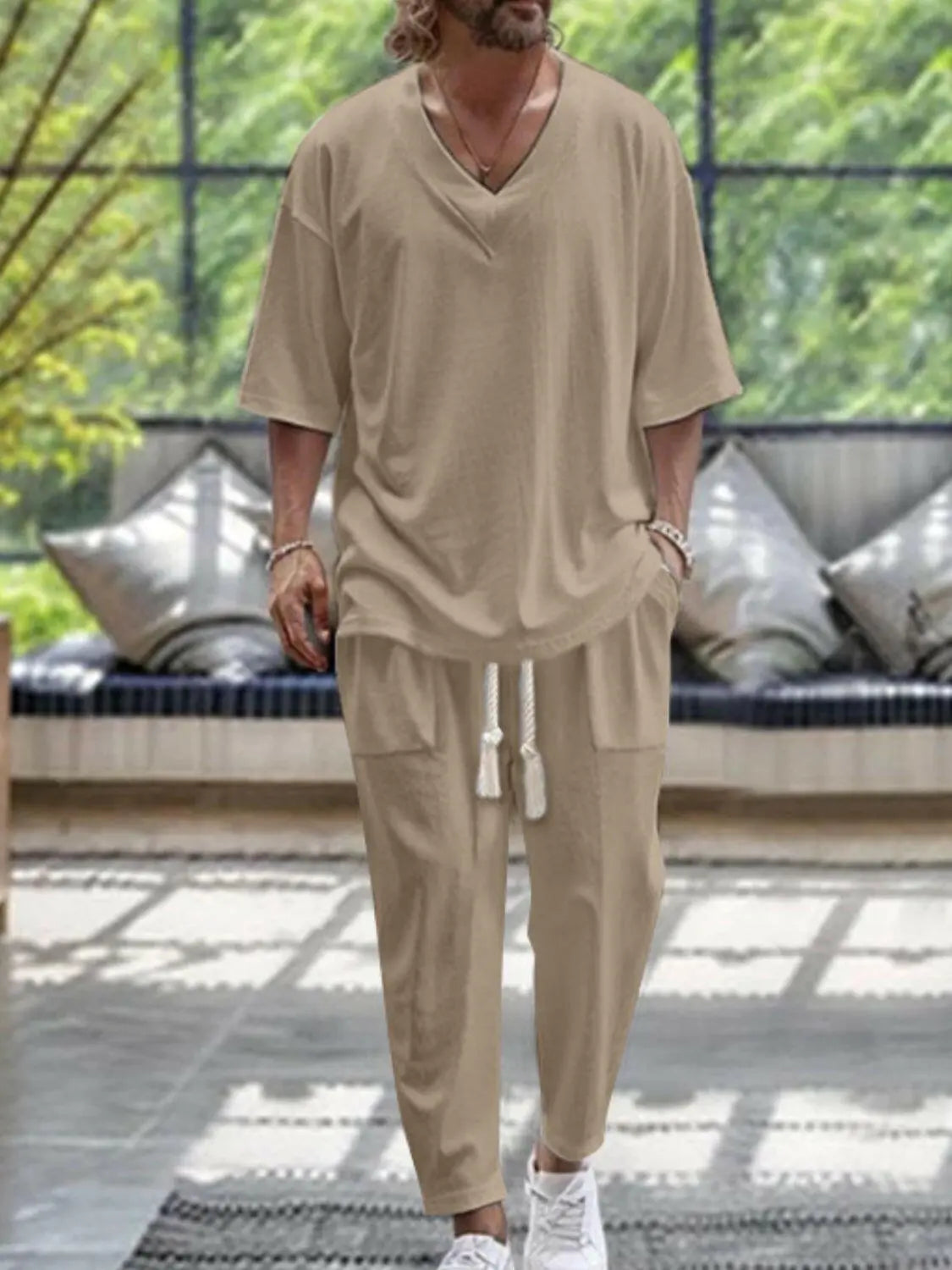 Men's Plus Size V-Neck Half Sleeve Top and Pants Set.