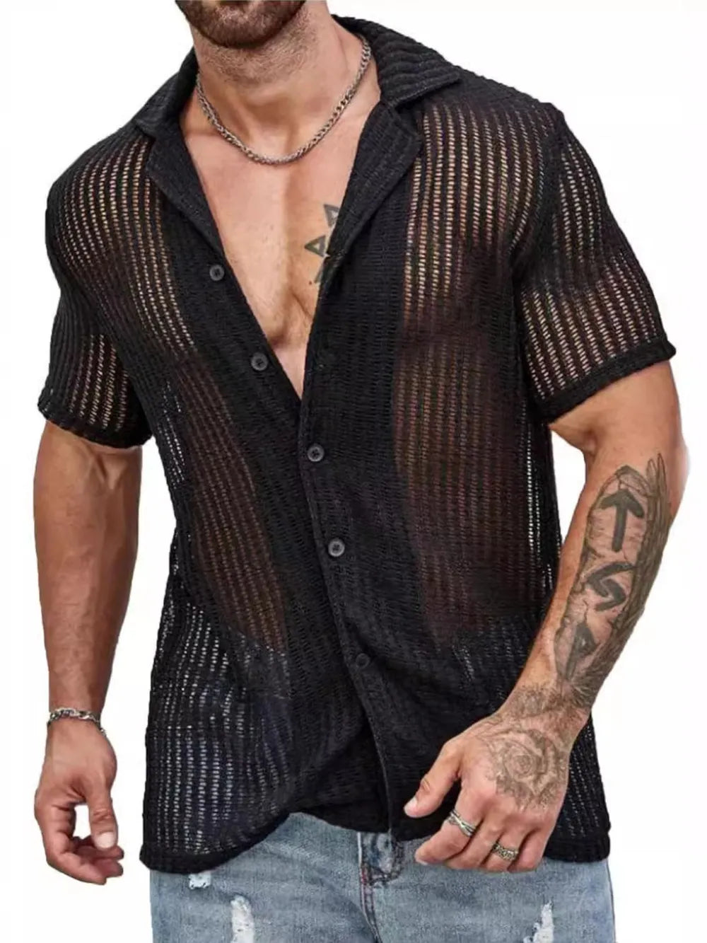 Men's Full Size Openwork Button Down Short Sleeve Shirt Plus Size - Premium Men's Shirts from Trendsi - Just $36.14! Shop now at Handbags Specialist Headquarter