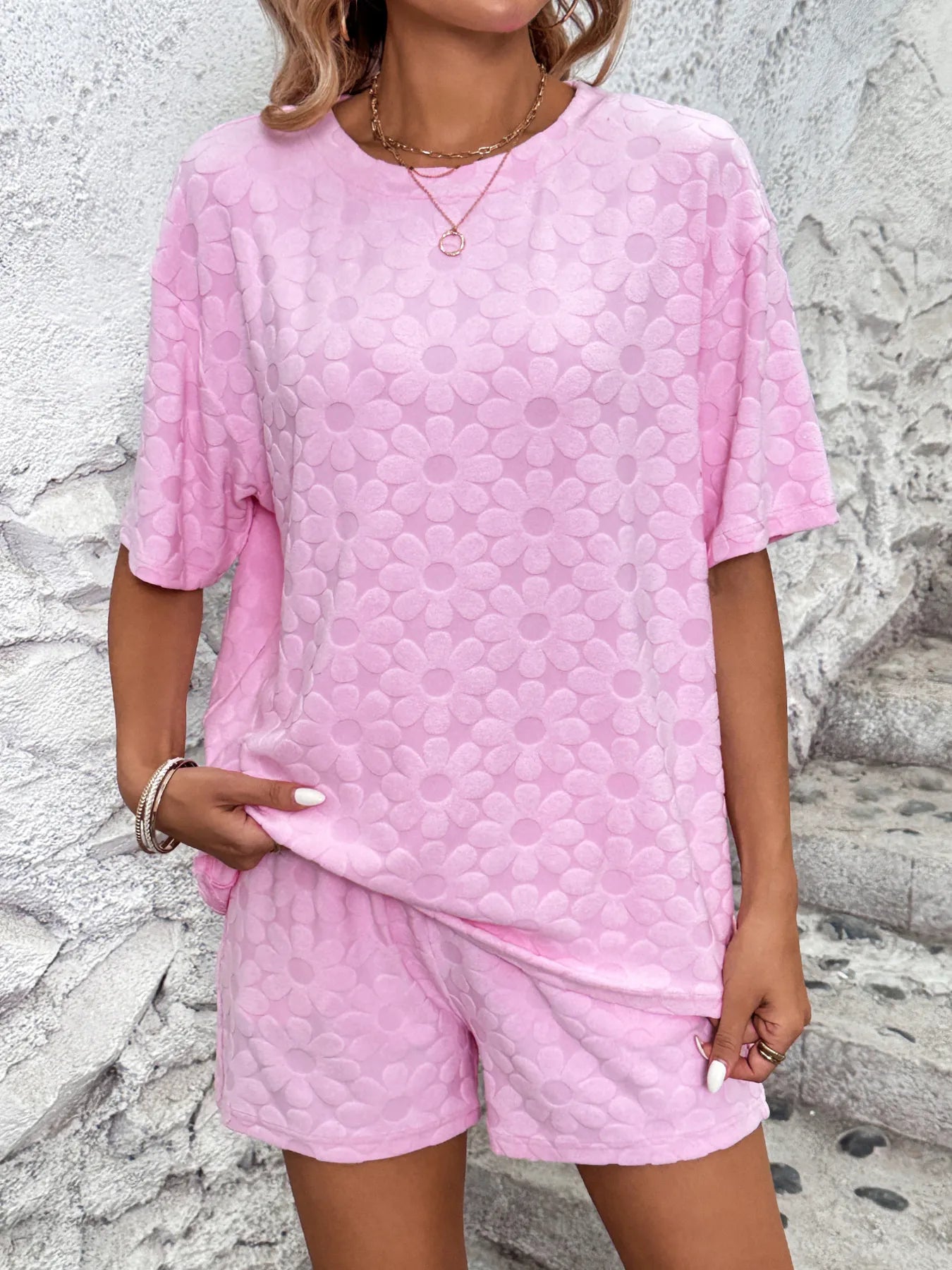 Flower Round Neck Top and Shorts Lounge Set - Premium Sleepwear from Trendsi - Just $43.99! Shop now at Handbags Specialist Headquarter