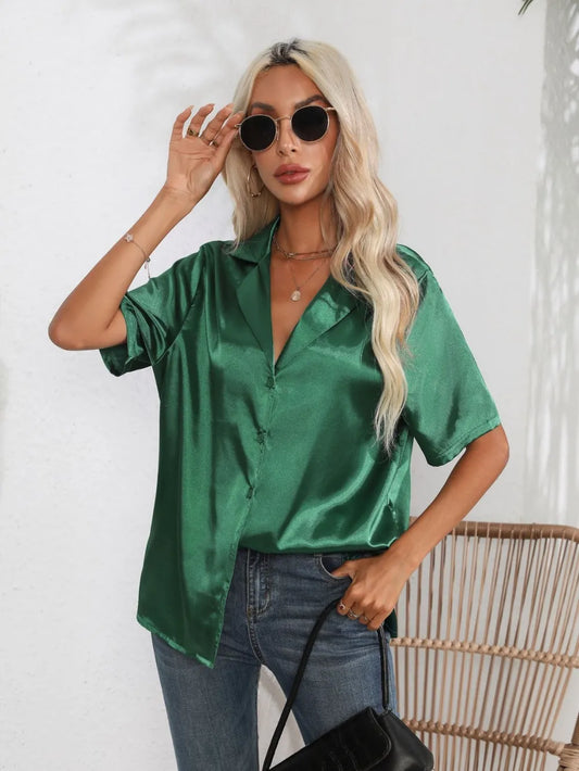 Button Down Short Sleeve Shirt - Premium Women's Down Shirt Tops from Trendsi - Just $19.48! Shop now at Handbags Specialist Headquarter