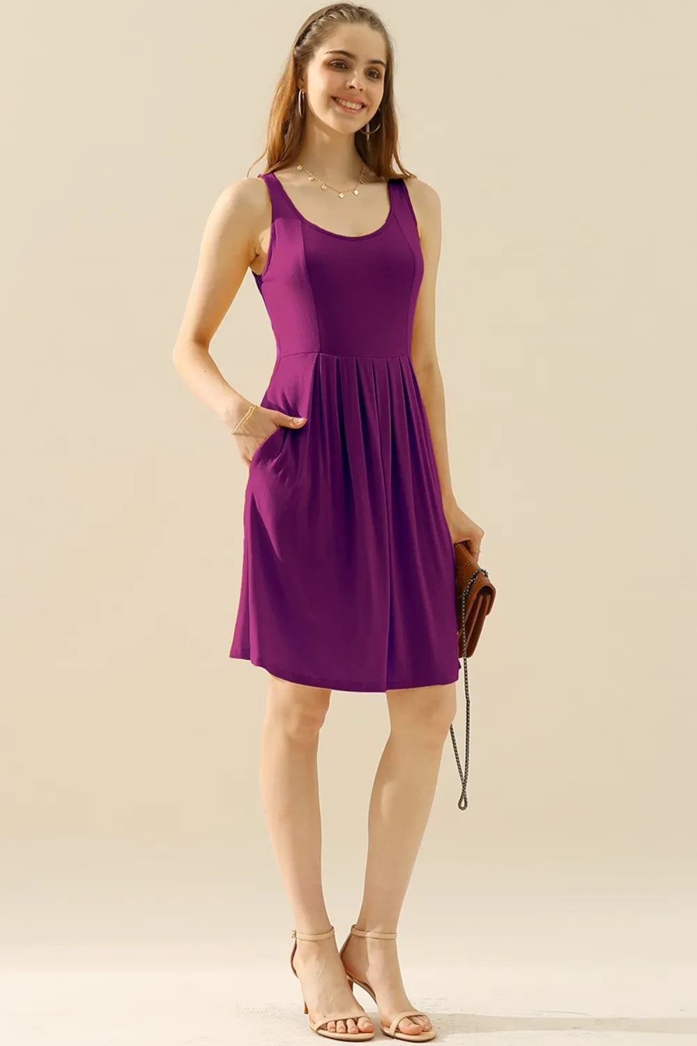 Doublju Full Size Round Neck Ruched Sleeveless Dress with Pockets - Premium Dresses from Trendsi - Just $15.99! Shop now at Handbags Specialist Headquarter