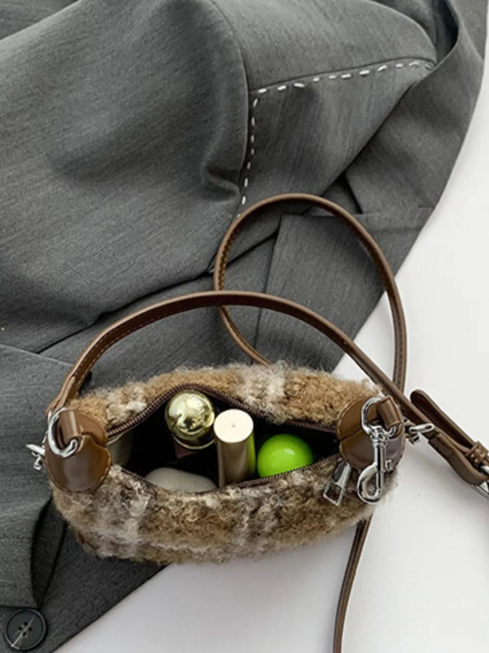 Fuzzy Polyester Mini Handbag with Zipper - Premium Tote Bag from Trendsi - Just $39.99! Shop now at Handbags Specialist Headquarter
