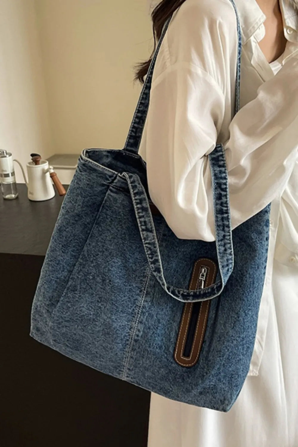Medium Denim Tote Bag - Premium Tote Bag from Trendsi - Just $32.99! Shop now at Handbags Specialist Headquarter