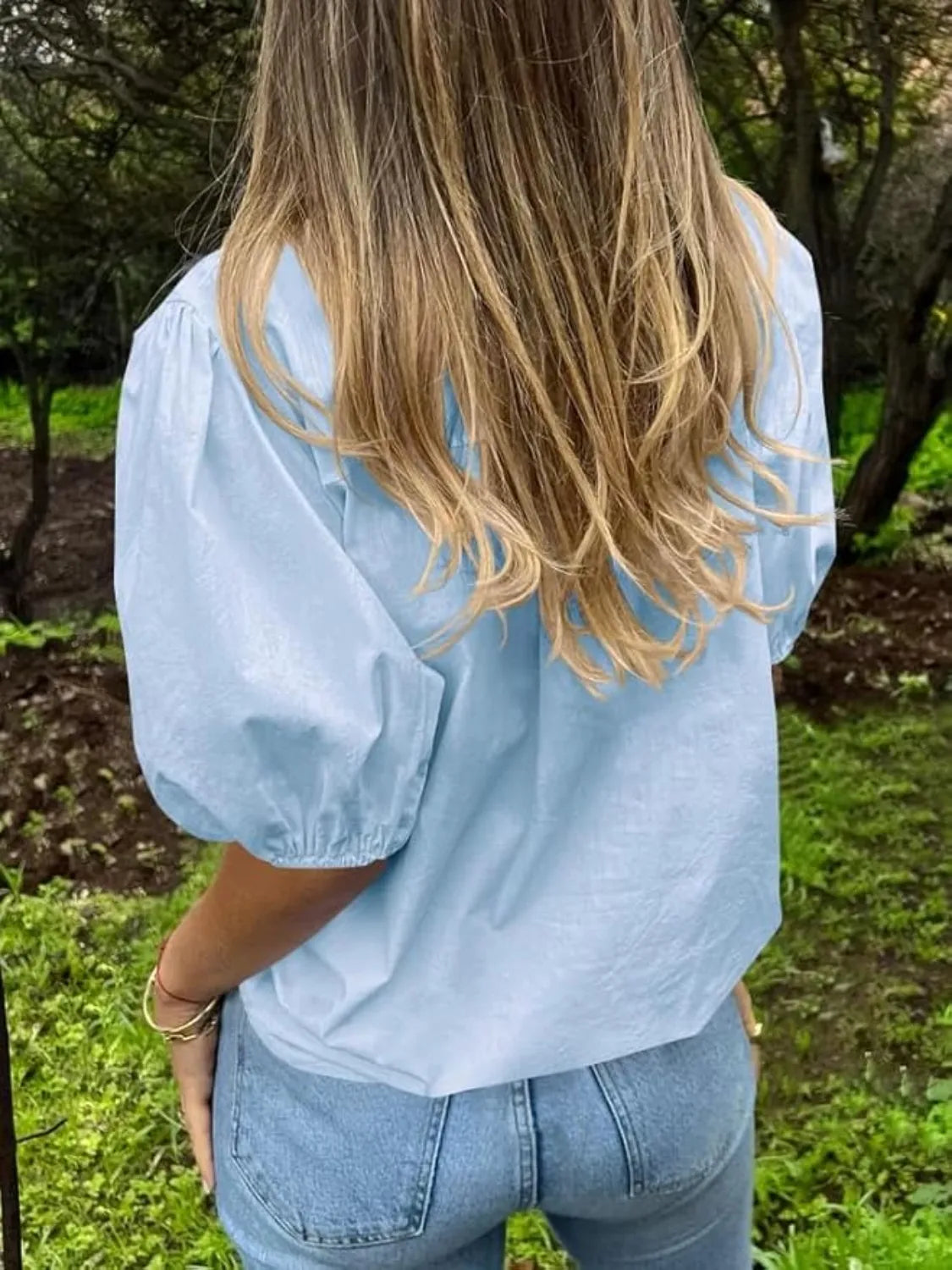 Button Down Puff Sleeve Shirt - Premium Women's Down Shirt Tops from Trendsi - Just $27.74! Shop now at Handbags Specialist Headquarter