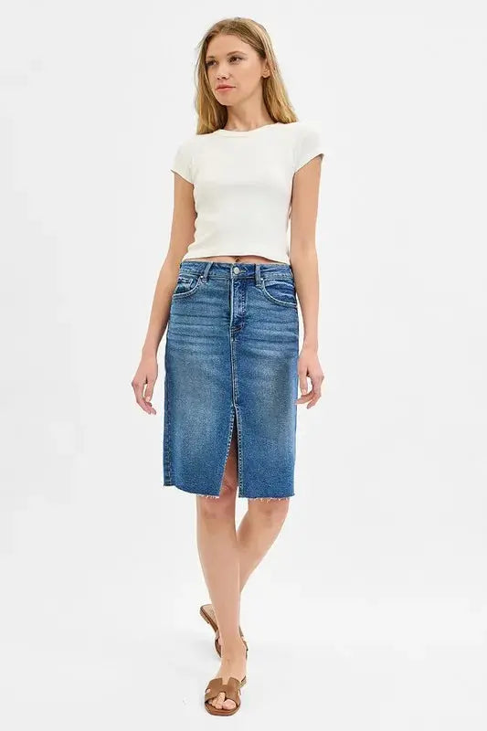 RISEN Plus Size High Rise Front Slit Pencil Skirts.