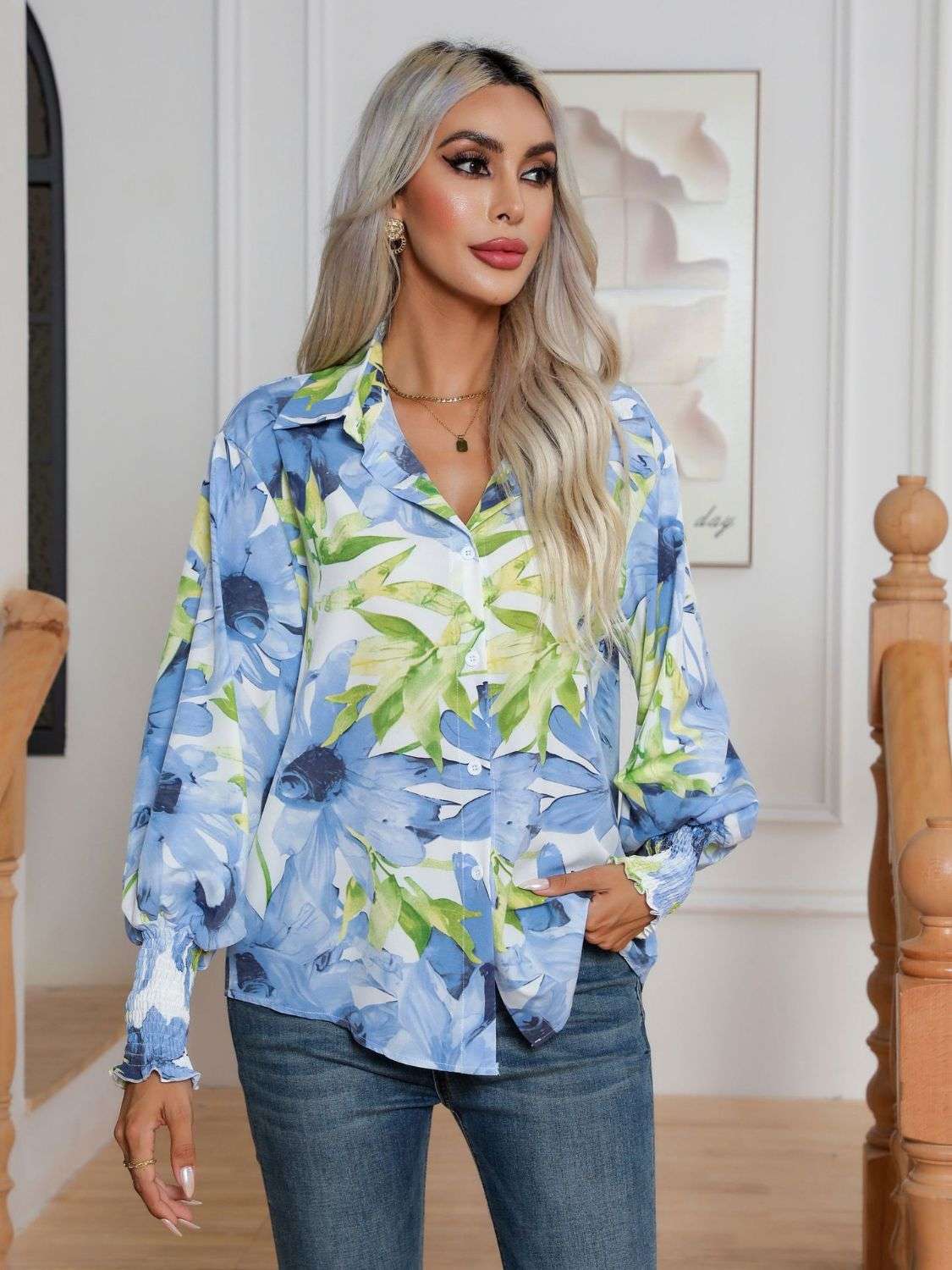 Button Down Printed Long Sleeve Shirt - Premium Women / Tops from Trendsi - Just $21.02! Shop now at Handbags Specialist Headquarter