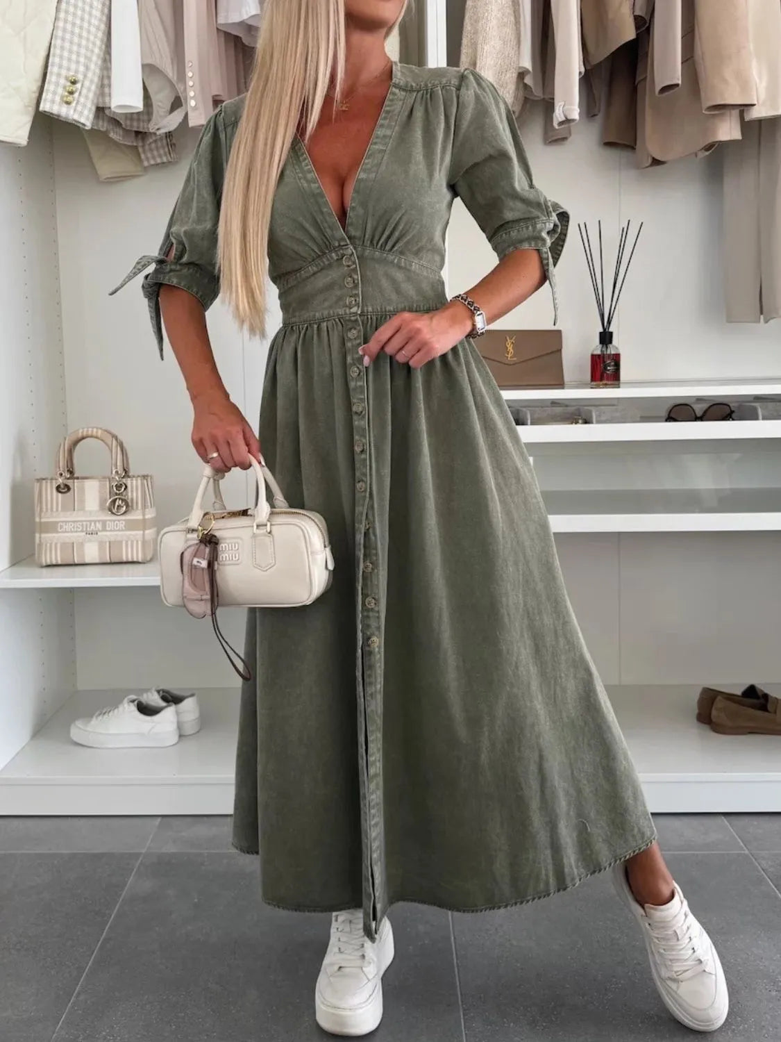 Button Front V-Neck Half Sleeve Denim Dress - Premium Women / Jeans & Denim from Trendsi - Just $53.68! Shop now at Handbags Specialist Headquarter