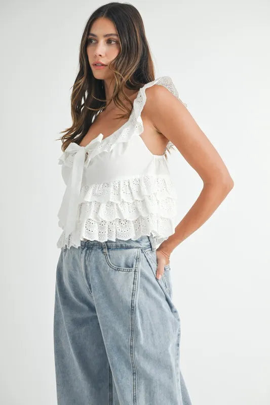 MABLE Eyelet Embroidered Front Tie Ruffle Top - Premium Women / Jeans & Denim from Trendsi - Just $53.84! Shop now at Handbags Specialist Headquarter