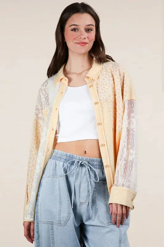 VERY J Plus Size Contrast Ribbed Knit Lace Shacket.