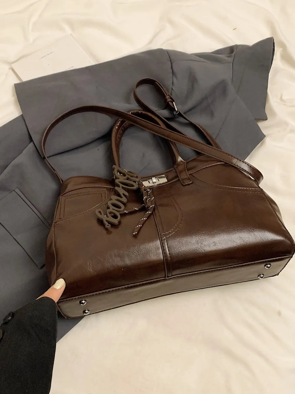 PU Leather Handbag with Pendant - Premium Tote Bag from Trendsi - Just $40.99! Shop now at Handbags Specialist Headquarter