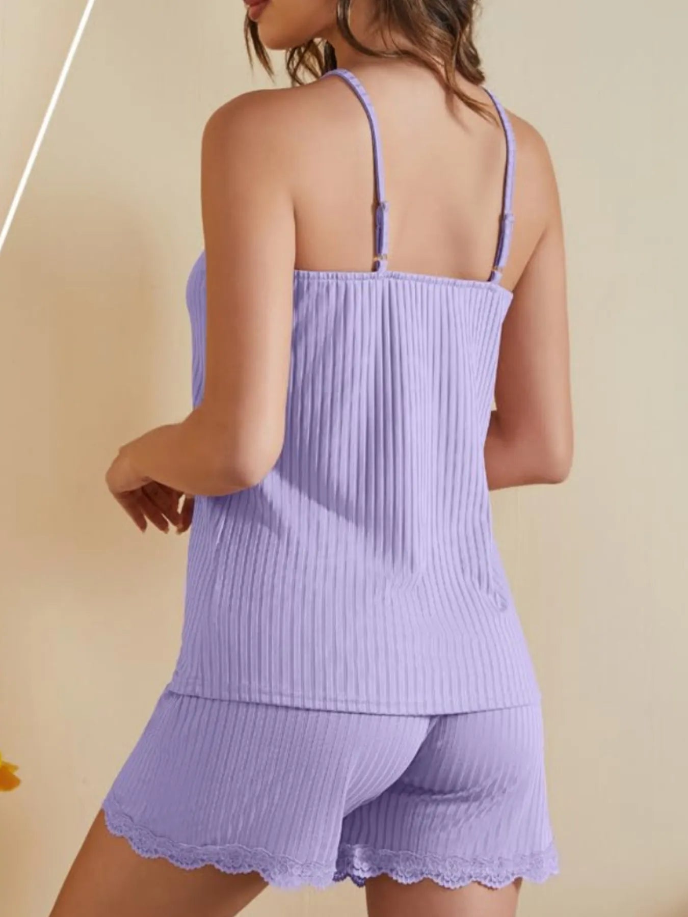 Lace-Trimmed Ribbed Cami and Shorts Lounge Set - Premium Sleepwear from Trendsi - Just $33.99! Shop now at Handbags Specialist Headquarter