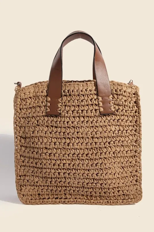 Fame Faux Leather Handle Straw Braided Handbag.