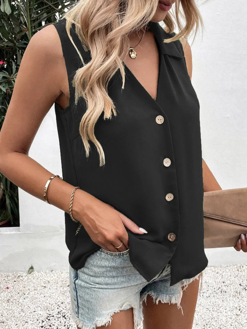 Full Size Johnny Collar Button Down Tank Plus Size - Premium Dresses from Trendsi - Just $20.99! Shop now at Handbags Specialist Headquarter
