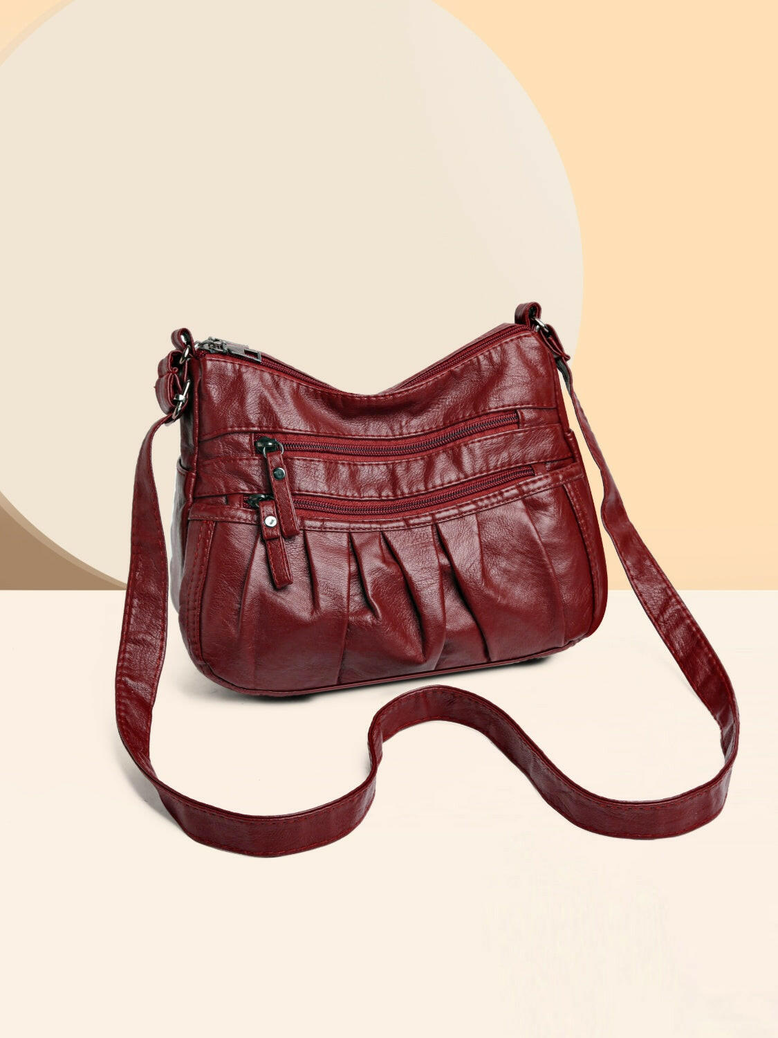 PU Leather Ruched Adjustable Strap Shoulder Bag.