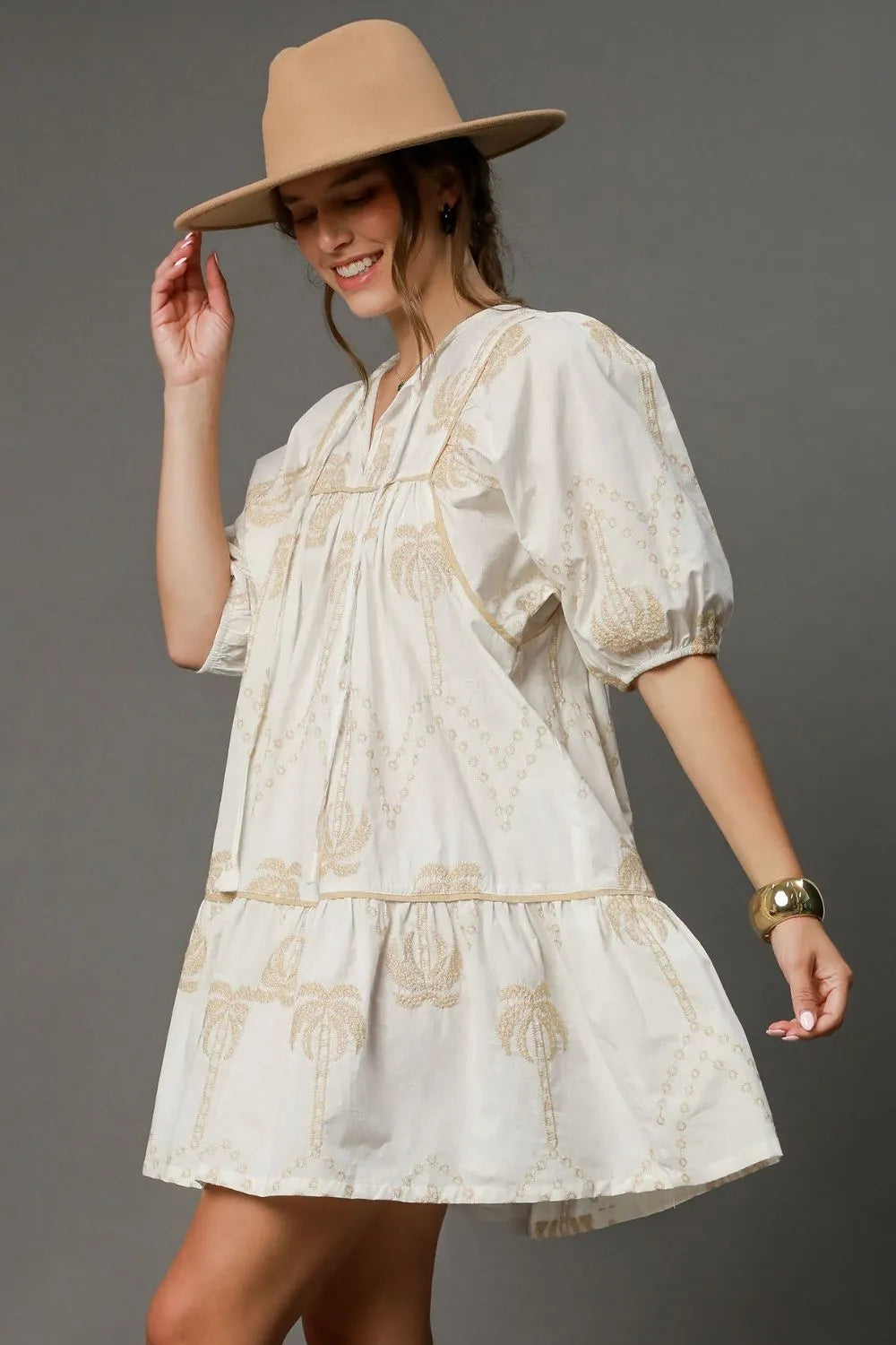 Umgee Full Size Embroidered Puff Sleeve Babydoll Dress Plus Size - Premium Dresses from Trendsi - Just $55.99! Shop now at Handbags Specialist Headquarter