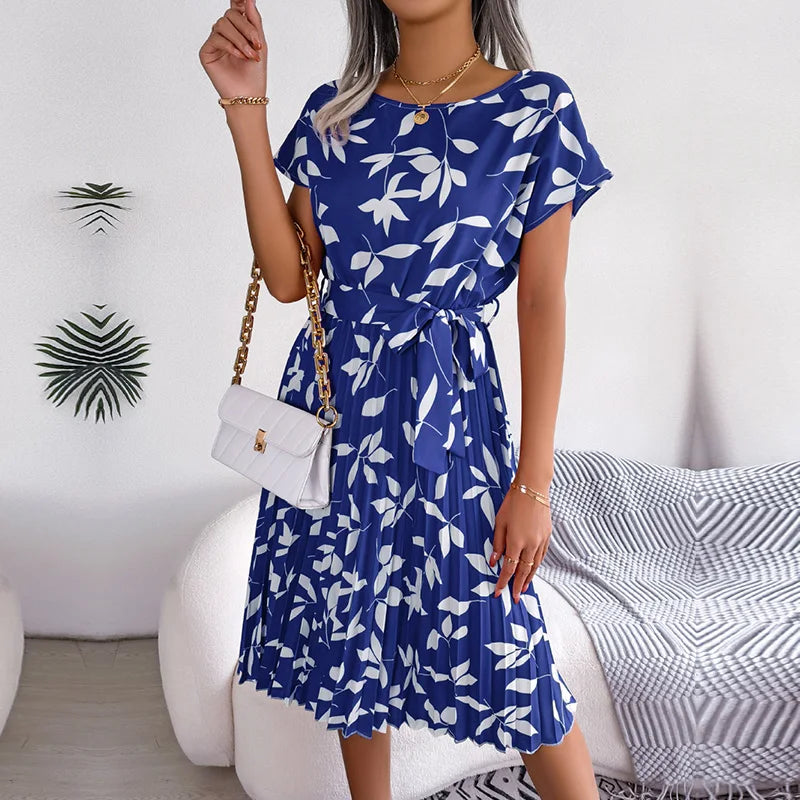 Women Spring Summer Short Sleeve High Waist Chic Dress Fashion Floral Pleated A Line Long Dress - Premium from Hey Whoops Store - Just $34.99! Shop now at Handbags Specialist Headquarter