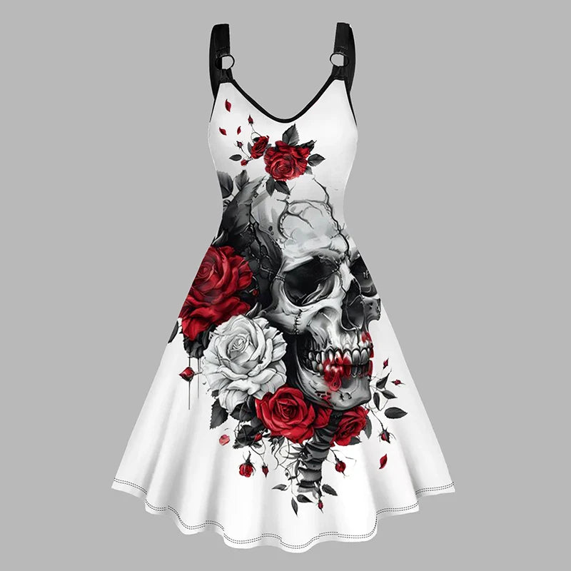 Dressfo Women's Summer Dresses Halloween Rose Injured Skull Print Hem - Premium from Dressfo Gothic Clothing Store - Just $31.99! Shop now at Handbags Specialist Headquarter