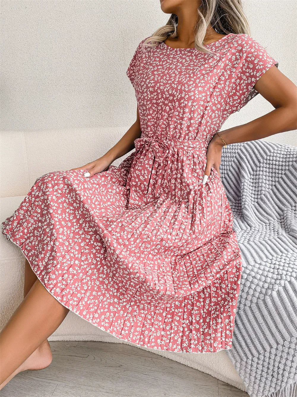Women Spring Summer Short Sleeve High Waist Chic Dress Fashion Floral Pleated A Line Long Dress - Premium from Hey Whoops Store - Just $34.99! Shop now at Handbags Specialist Headquarter