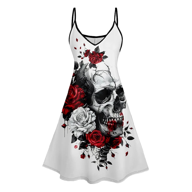 Dressfo Women's Summer Dresses Halloween Rose Injured Skull Print Hem - Premium from Dressfo Gothic Clothing Store - Just $31.99! Shop now at Handbags Specialist Headquarter
