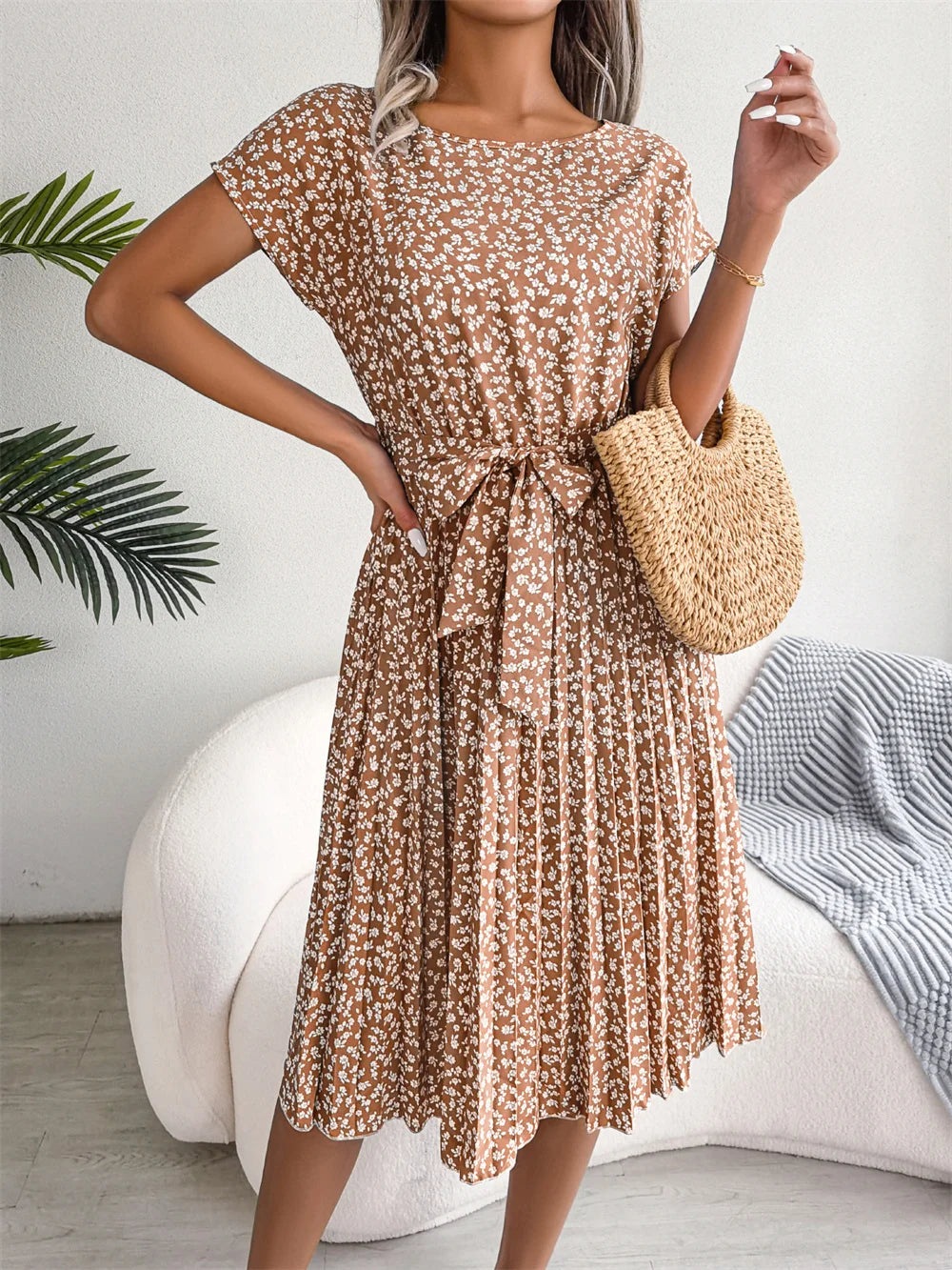 Women Spring Summer Short Sleeve High Waist Chic Dress Fashion Floral Pleated A Line Long Dress - Premium from Hey Whoops Store - Just $34.99! Shop now at Handbags Specialist Headquarter